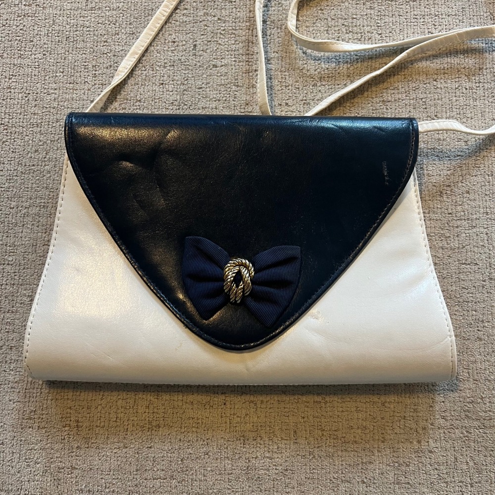 Vintage 80s Navy Blue White Bow Crossbody Bag Nautical Envelope Purse‎
